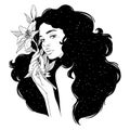 Portrait of beautiful woman with flowers. Black and white ink illustration. Royalty Free Stock Photo