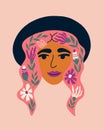Portrait of beautiful woman with flowers and a felt hat. Avatar of European female character. Vector for postcards Royalty Free Stock Photo