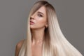 Portrait of a beautiful woman with long straight hair and makeup. Flying blonde hair Royalty Free Stock Photo