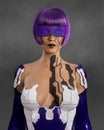 Portrait of a beautiful woman with purple hair and cyberpunk tatoo, wearing a futuristic visor and costume. 3D illustration