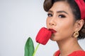 Portrait of Beautiful woman with red tulip flowers Royalty Free Stock Photo