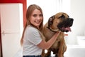 Portrait of beautiful woman with sick dog in vet hospital Royalty Free Stock Photo