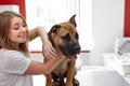 Portrait of beautiful woman with sick dog in vet hospital Royalty Free Stock Photo