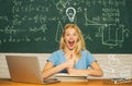 Portrait of a beautiful woman student. Happy mood smiling broadly in university. Female university student on campus Royalty Free Stock Photo