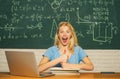 Portrait of a beautiful woman student. Happy mood smiling broadly in university. Female university student on campus Royalty Free Stock Photo