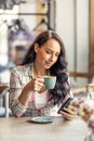 Portrait of beautiful woman using her smarphone in cafe, he reads received messages and follows social networks