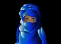 Portrait of beautiful woman wearing blue tuareg scarf. Young girl in national costume of african tribal nomads. Blue ethnic Turban Royalty Free Stock Photo