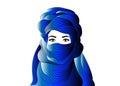 Portrait of beautiful woman wearing blue tuareg scarf. Young girl in national costume of african tribal nomads. Blue ethnic Turban Royalty Free Stock Photo