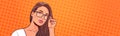 Portrait Of Beautiful Woman Wearing Glasses Over Retro Pop Art Background Attractive Female With Long Hair Horizontal