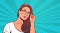 Portrait Of Beautiful Woman Wearing Glasses Over Retro Pop Art Background Attractive Female With Long Hair