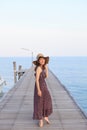 Portrait beautiful woman wearing wide straw hat and long dress w Royalty Free Stock Photo