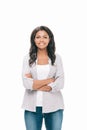 portrait of beautiful young african american woman with crossed arms smiling at camera Royalty Free Stock Photo