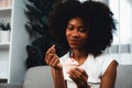 Portrait young African tasting cherry cake in concept special dish. Tastemaker. Royalty Free Stock Photo