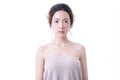 Portrait of beautiful young Asian woman with futuristic and technological scanning of the face for facial recognition and scanned