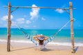 Portrait beautiful young asian woman happy smile leisure on the beach sea and ocean Royalty Free Stock Photo