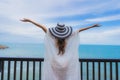 Portrait beautiful young asian woman looking sea beach ocean for relax in holiday vacation travel Royalty Free Stock Photo