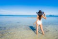 Portrait beautiful young asian woman looking sea beach ocean for relax in holiday vacation travel Royalty Free Stock Photo