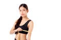 Portrait beautiful young asian woman measure tape with arm for weightloss with satisfied isolated. Royalty Free Stock Photo