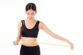 Portrait beautiful young asian woman measure tape with waist for weightloss with satisfied isolated. Royalty Free Stock Photo