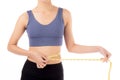 Portrait beautiful young asian woman measure tape with waist for weightloss with satisfied isolated. Royalty Free Stock Photo