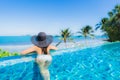 Portrait beautiful young asian woman relax in luxury outdoor swimming pool in hotel resort nearly beach sea ocean Royalty Free Stock Photo