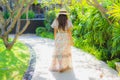 Portrait beautiful young asian woman walking with happy around outdoor garden view Royalty Free Stock Photo