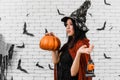 Portrait of beautiful young asian woman wearing witch costume holding pumpkin Jack O Lantern on white brick background decorated Royalty Free Stock Photo