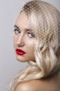 Portrait of beautiful young blond woman with clean face.Red lips.Glamour portrait of beautiful woman model with evening makeup Royalty Free Stock Photo