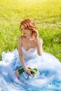 Portrait of beautiful young bride posing in the park or garden in blue dress outdoors on a bright sunny day green grass Royalty Free Stock Photo