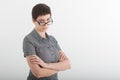 Portrait of beautiful young business woman or angry female teacher accusingly frowning over her glasses Royalty Free Stock Photo