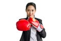 Portrait of beautiful and young business woman wearing boxing gloves Royalty Free Stock Photo
