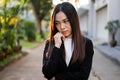 Portrait of Beautiful Young businesswoman asian worry and unhappy, stress and frustrated having problem with work, beauty girl Royalty Free Stock Photo