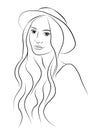 Portrait of beautiful young charismatic woman in hat. Sketch hand drawn style. Line illustration.