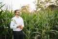 Portrait of a beautiful young farmer (student) working in the field, happy, in a shirt, corn field. Concept