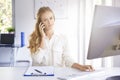 Young businesswoman using cell phone in the office Royalty Free Stock Photo