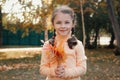 Portrait of a young girl in an autumn park with leaves in her hands Royalty Free Stock Photo