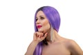 Portrait of beautiful young girl with fancy bright make-up and violet wig, on white background Royalty Free Stock Photo
