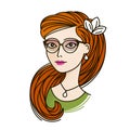Portrait of beautiful young girl in glasses with long red hair. Cartoon vector illustration Royalty Free Stock Photo