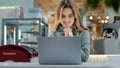 Portrait beautiful young girl student business woman female user winner looking into laptop surprised wide open mouth Royalty Free Stock Photo