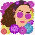 Portrait of beautiful young girl with sunglasses surrounded flowers. Spring concept, Fashion vector illustration Royalty Free Stock Photo