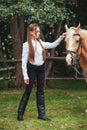 Portrait beautiful young girl in white shirt and black pants with beauty long hair next horse in forest. Fashionable elegance woma Royalty Free Stock Photo