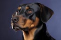 Portrait of beautiful young rottweiler dog on dark background