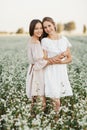 Portrait of beautiful young two women sisters in white dresses with long hair in a field with white wildflowers in summer. Rustic