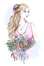 Portrait of beautiful young woman with curly hair and flower wreath. Stylish sketch. Royalty Free Stock Photo