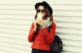 Portrait beautiful young woman drinking coffee wearing a red jacket, black round hat on white background Royalty Free Stock Photo