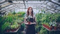 Portrait of beautiful young woman farmer in apron standing inside greenhouse, holding pot plant and smiling. Orcharding Royalty Free Stock Photo