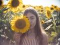 Portrait of beautiful young woman posing on camera at sunset. Covering one eye with sunflower blossom. Happy Smiling female Royalty Free Stock Photo