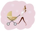 Portrait of beautiful young woman pushing baby carriage