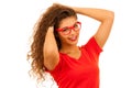 portrait of Beautiful young woman in red t shirt and shorts isolated over white background. Royalty Free Stock Photo