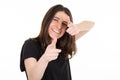 Portrait of a beautiful young woman showing thumbs up sign finger isolated over white background Royalty Free Stock Photo